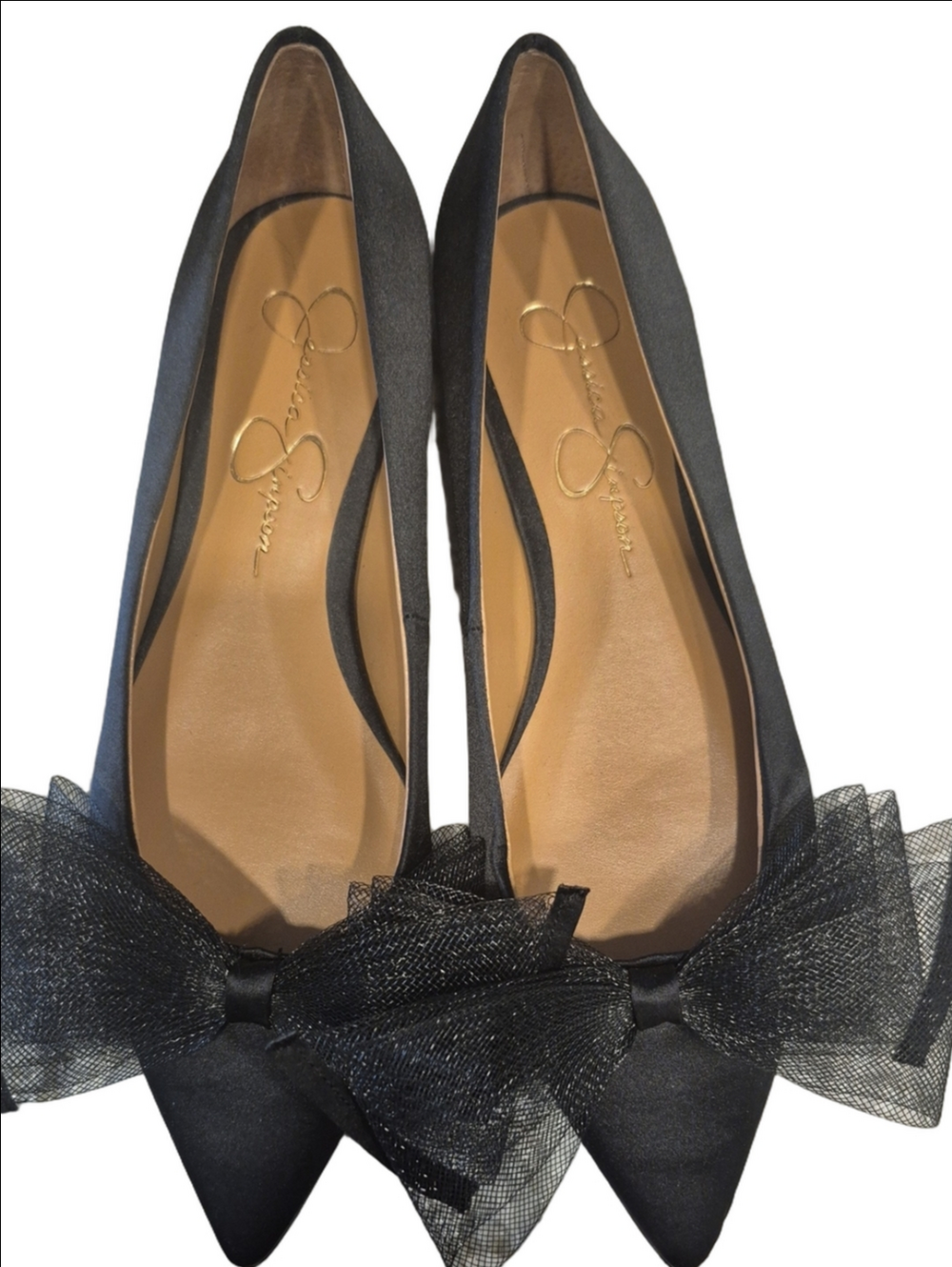 Jessica Simpson Elspeth Black Satin Pointed-Toe Ballet Flats with Tulle Bow